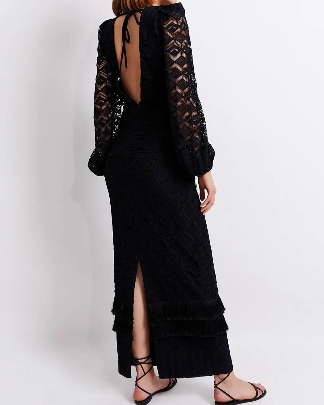 PatBO Crochet Plunge Fringe Trim Maxi- Dresses & Jumpsuits