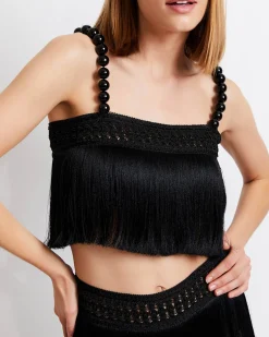 PatBO Fringe Cropped Top with Pearl Beaded Straps (FINAL SALE)- Tops & Bodysuits