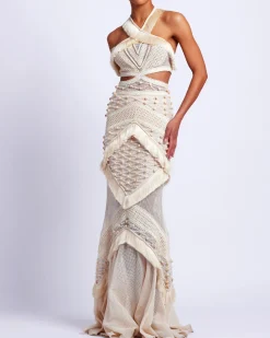 PatBO Fringe Trim Halterneck Maxi Dress (RUNWAY)- Dresses & Jumpsuits