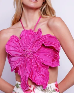 PatBO HAND-BEADED FLOWER TOP- Tops & Bodysuits