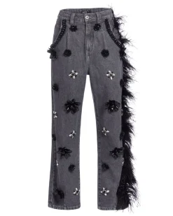 PatBO HAND-BEADED JEANS WITH FEATHER TRIM (FINAL SALE)- Matching Sets|Denim