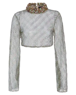 PatBO Hand-Beaded Rhinestone Netted Top (EXCLUSIVE) (FINAL SALE)- Tops & Bodysuits