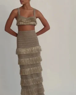PatBO Metallic Fringe Maxi Skirt- Matching Sets|Bottoms
