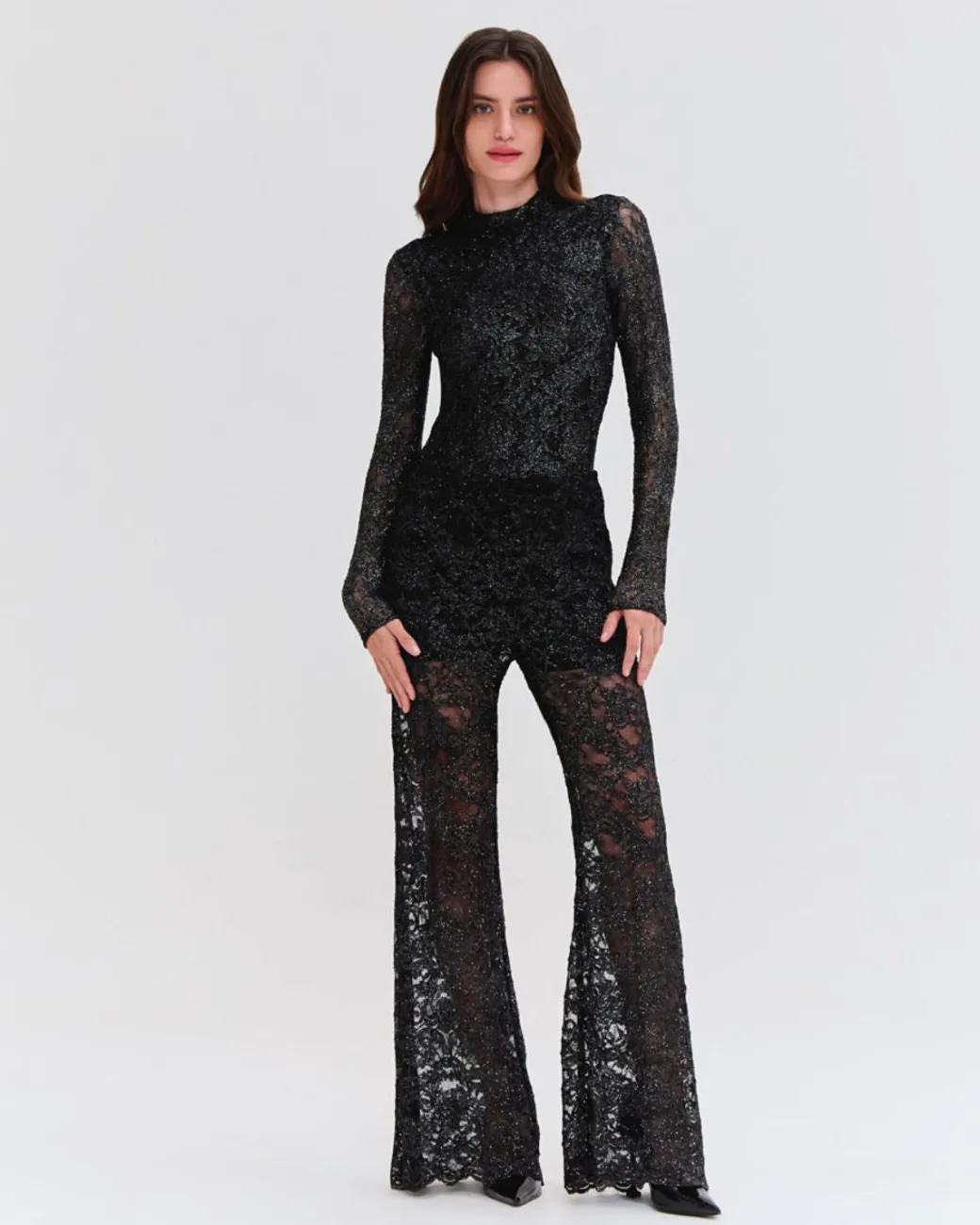PatBO METALLIC LACE HIGH NECK BODYSUIT- Tops & Bodysuits