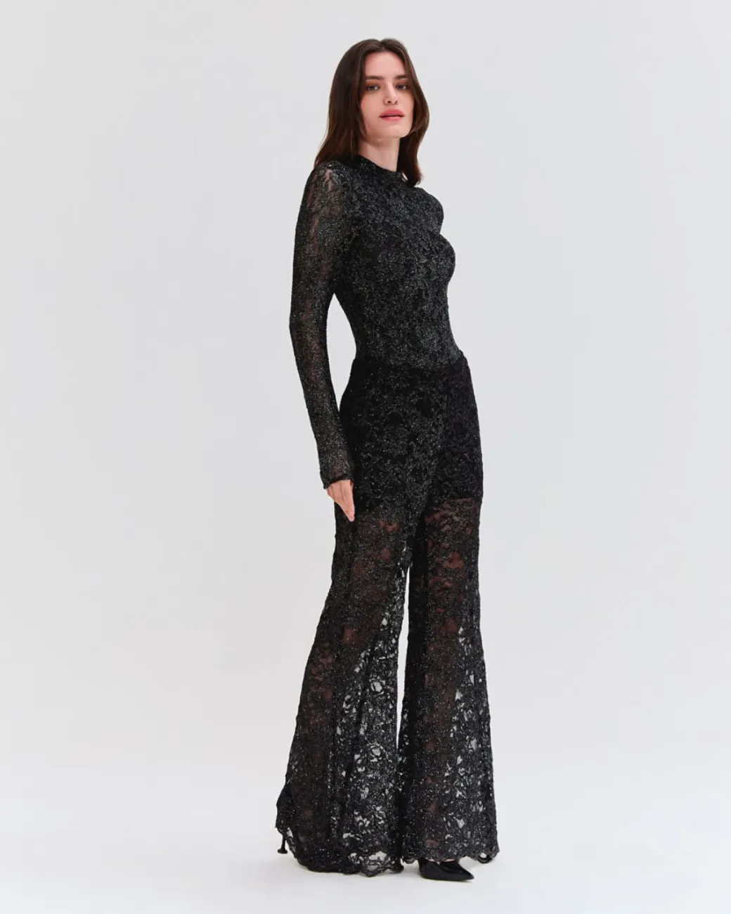 PatBO METALLIC LACE HIGH NECK BODYSUIT- Tops & Bodysuits