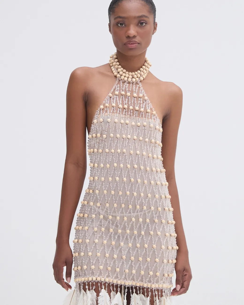 PatBO Wood and Crystal Beaded High Neck Mini Dress (RUNWAY)- Dresses & Jumpsuits