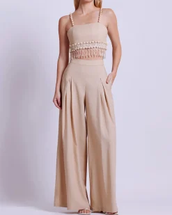 PatBO Wood and Crystal Beaded Linen Top- Matching Sets|Tops & Bodysuits