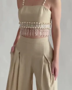 PatBO Wood and Crystal Beaded Linen Top- Matching Sets|Tops & Bodysuits