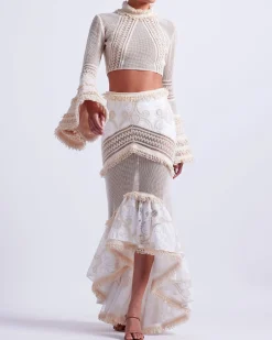 PatBO Woven Bell Sleeve Cropped Top- Tops & Bodysuits