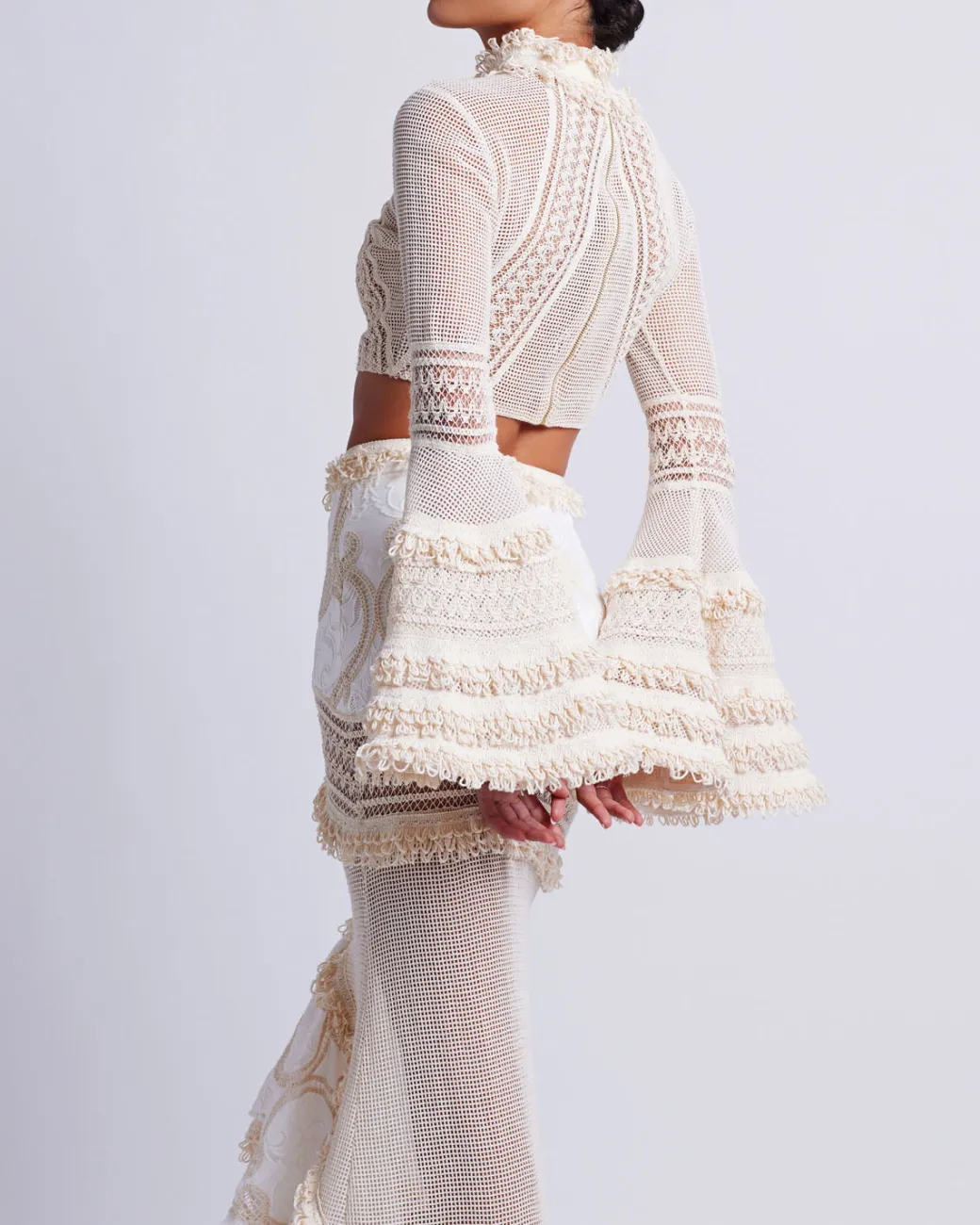 PatBO Woven Bell Sleeve Cropped Top- Tops & Bodysuits